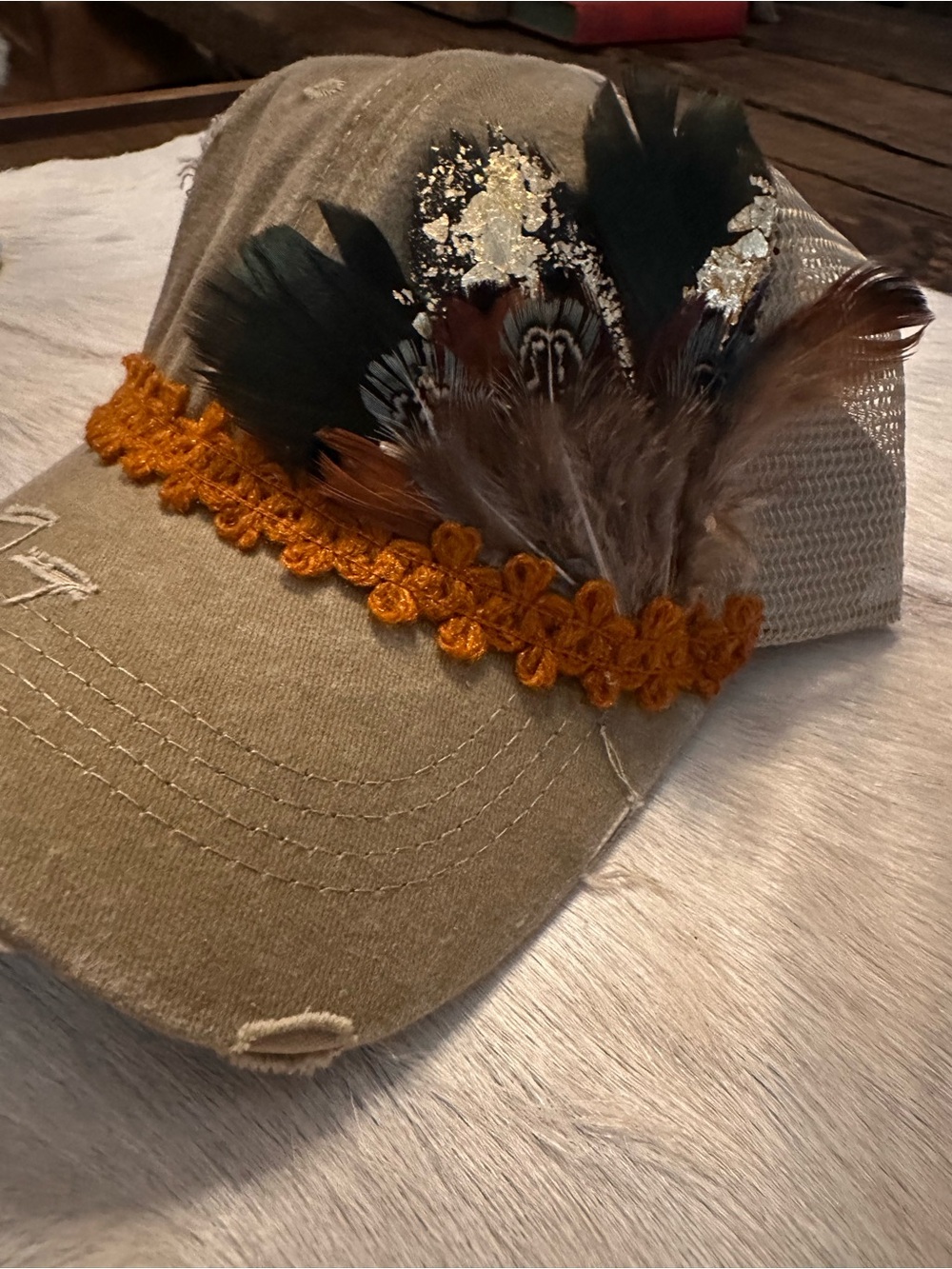 Beaded Feather Trucker Hat - Tan with Orange Trim